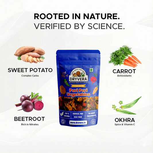 Dryvera Peri Peri Masala Vegetables, Natural High Fibre Snacks, Chemical Free, mix of veggies.