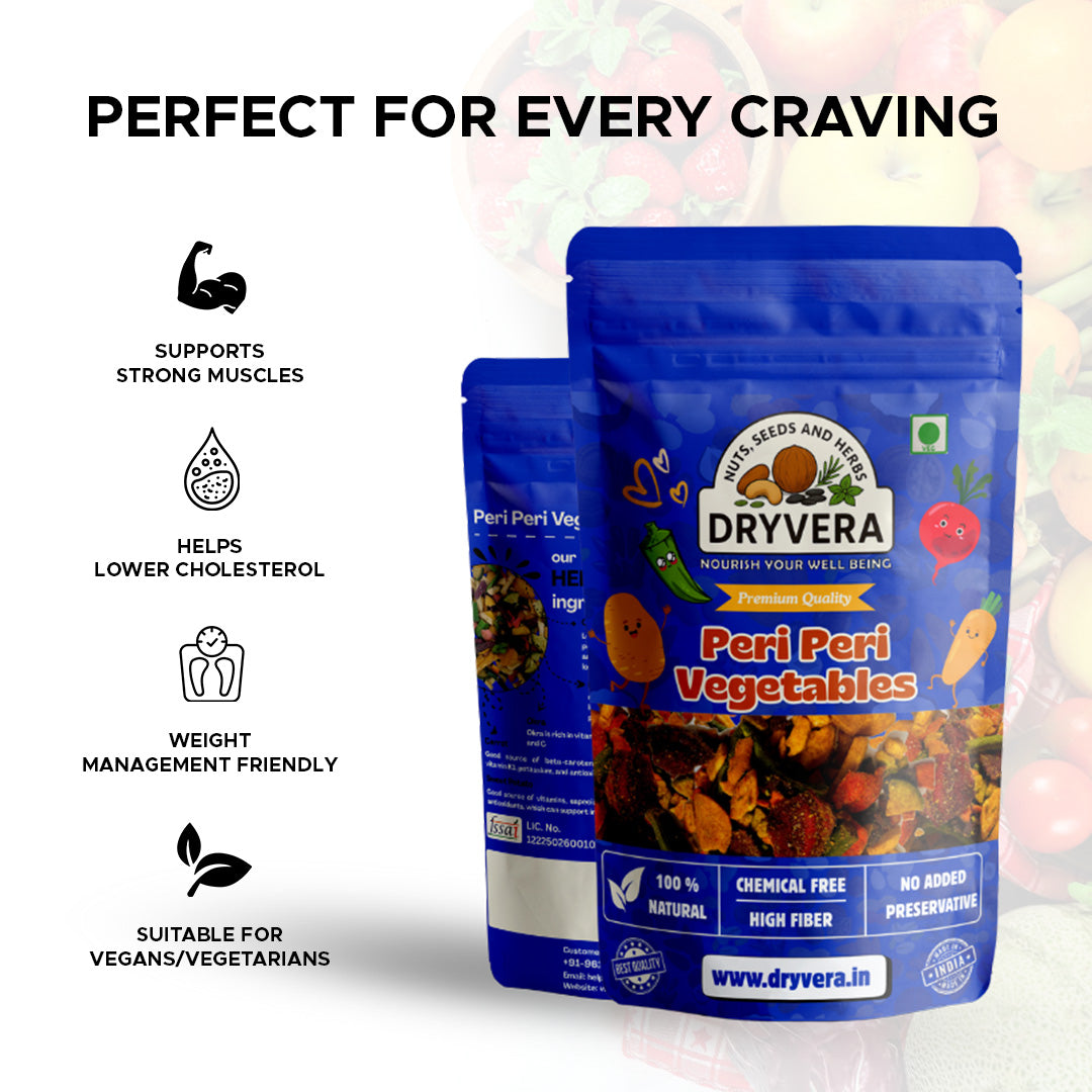 Dryvera Peri Peri Masala Vegetables, Natural High Fibre Snacks, Chemical Free, mix of veggies.