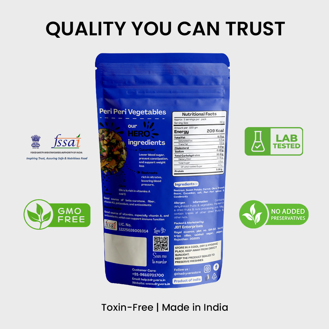 Dryvera Peri Peri Masala Vegetables, Natural High Fibre Snacks, Chemical Free, mix of veggies.