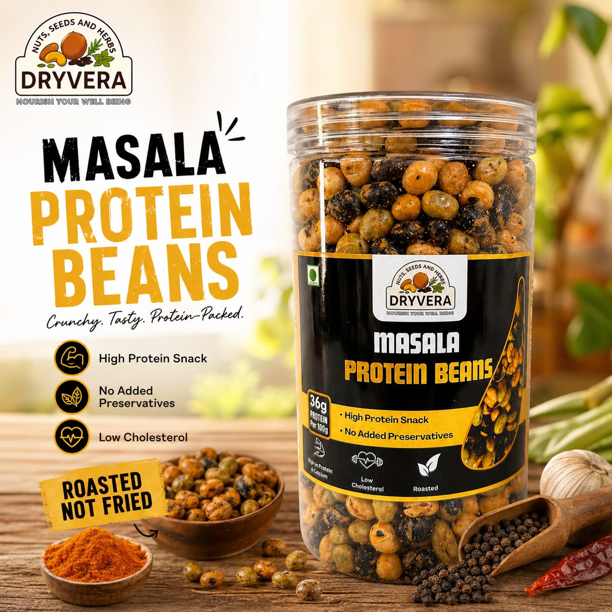 DRYVERA Roasted Masala Protein Beans – Crunchy, Healthy & Flavor-Packed Snack
