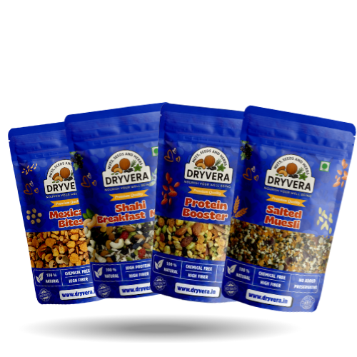 Dryvera Premium Snack Combo Pack| Shahi Breakfast Mix|Mexican Bites|Protein Booster|Salted Muesli(70g Each)