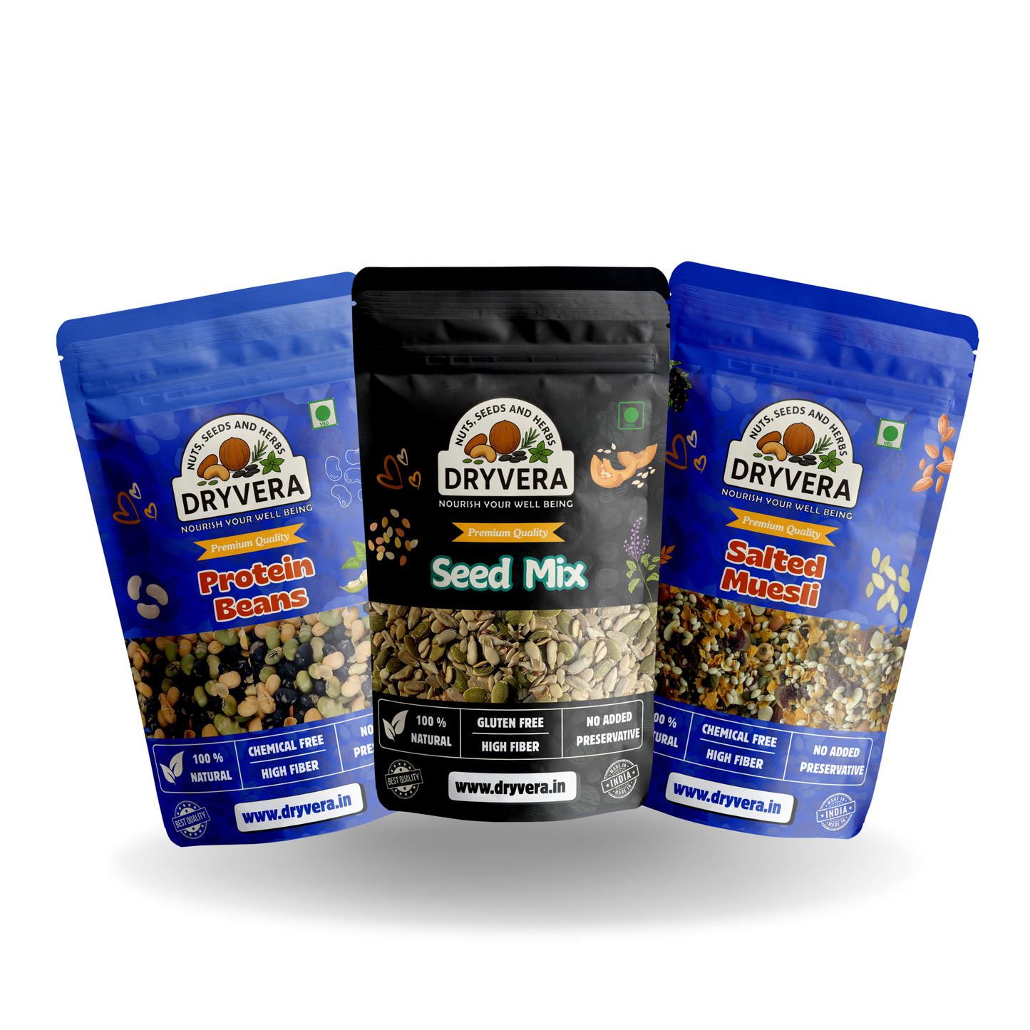 DRYVERA High Protein Combo|Protein Beans 150g|Seeds Mix 150g|Salted Museli 150g